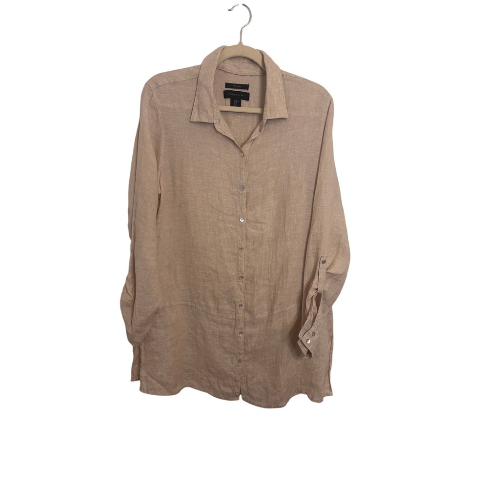 Tahari 100% Linen Long Sleeve Button Front Shirt Tan Tunic Top Size Medium - Picture 2 of 6